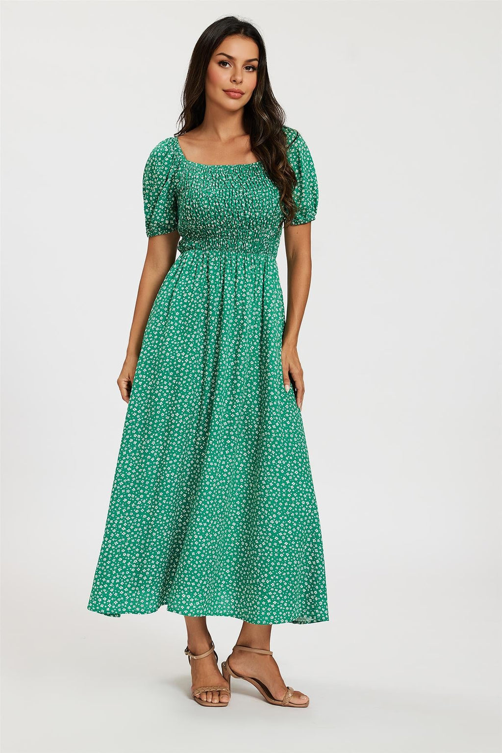 Floral Print Short Sleeve Midi Dress In Green