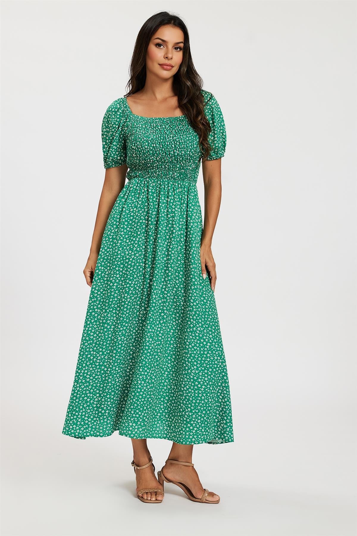 Floral Print Short Sleeve Midi Dress In Green