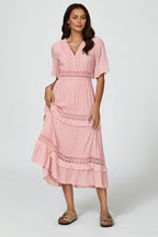 V Neck Lace Detail Midi Dress In Rose Nude