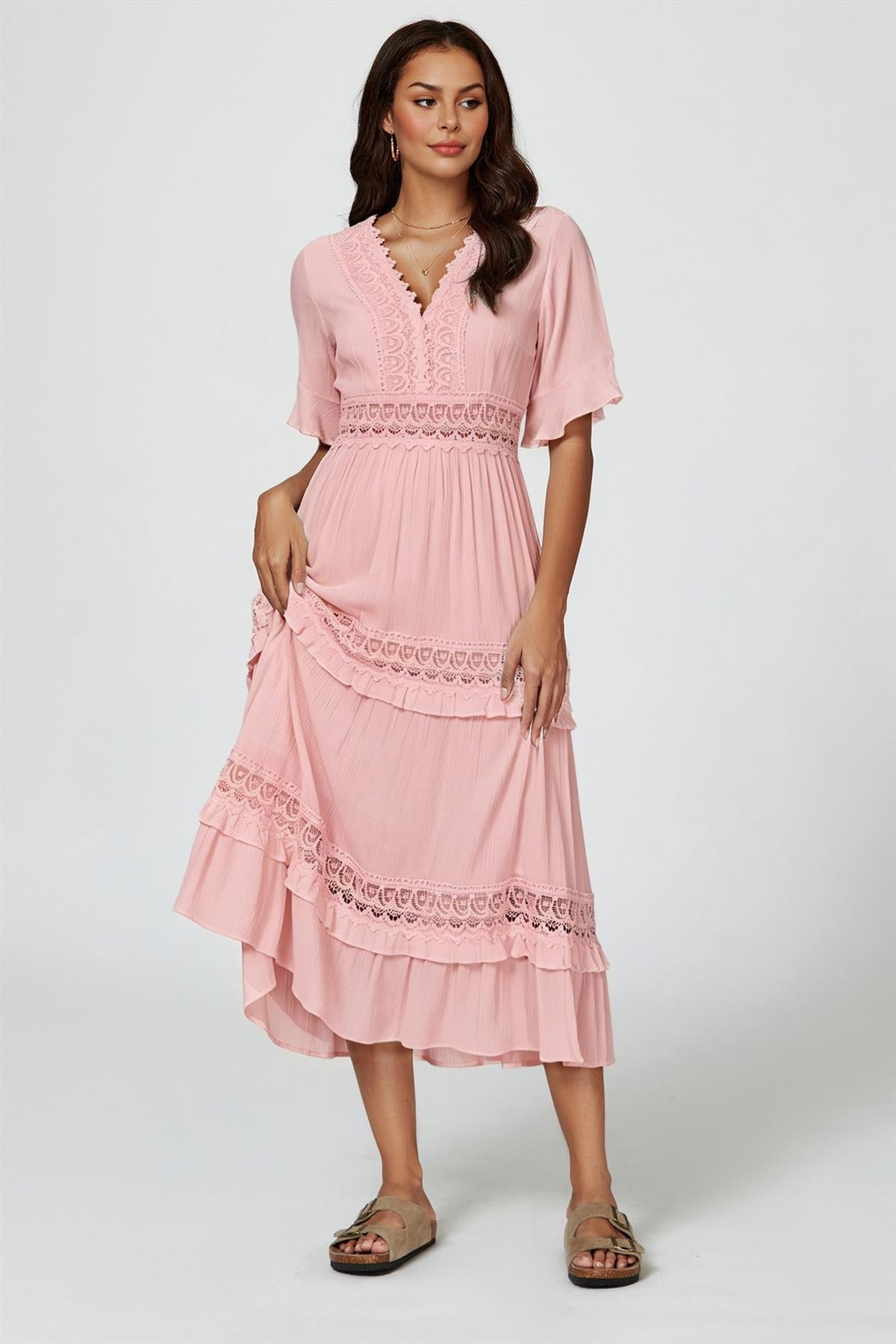 V Neck Lace Detail Midi Dress In Rose Nude