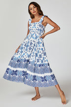 Blue Border Print Hem Detail Tiered Maxi Dress In White