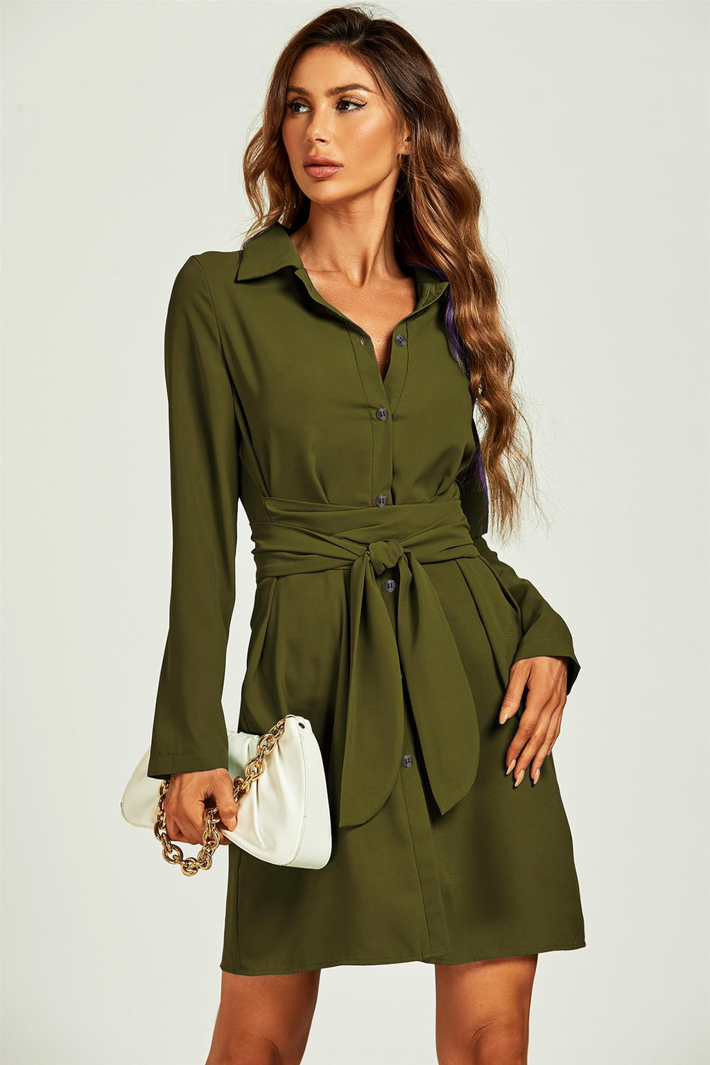 Shirt Wrap Tie Mini Dress In Olive