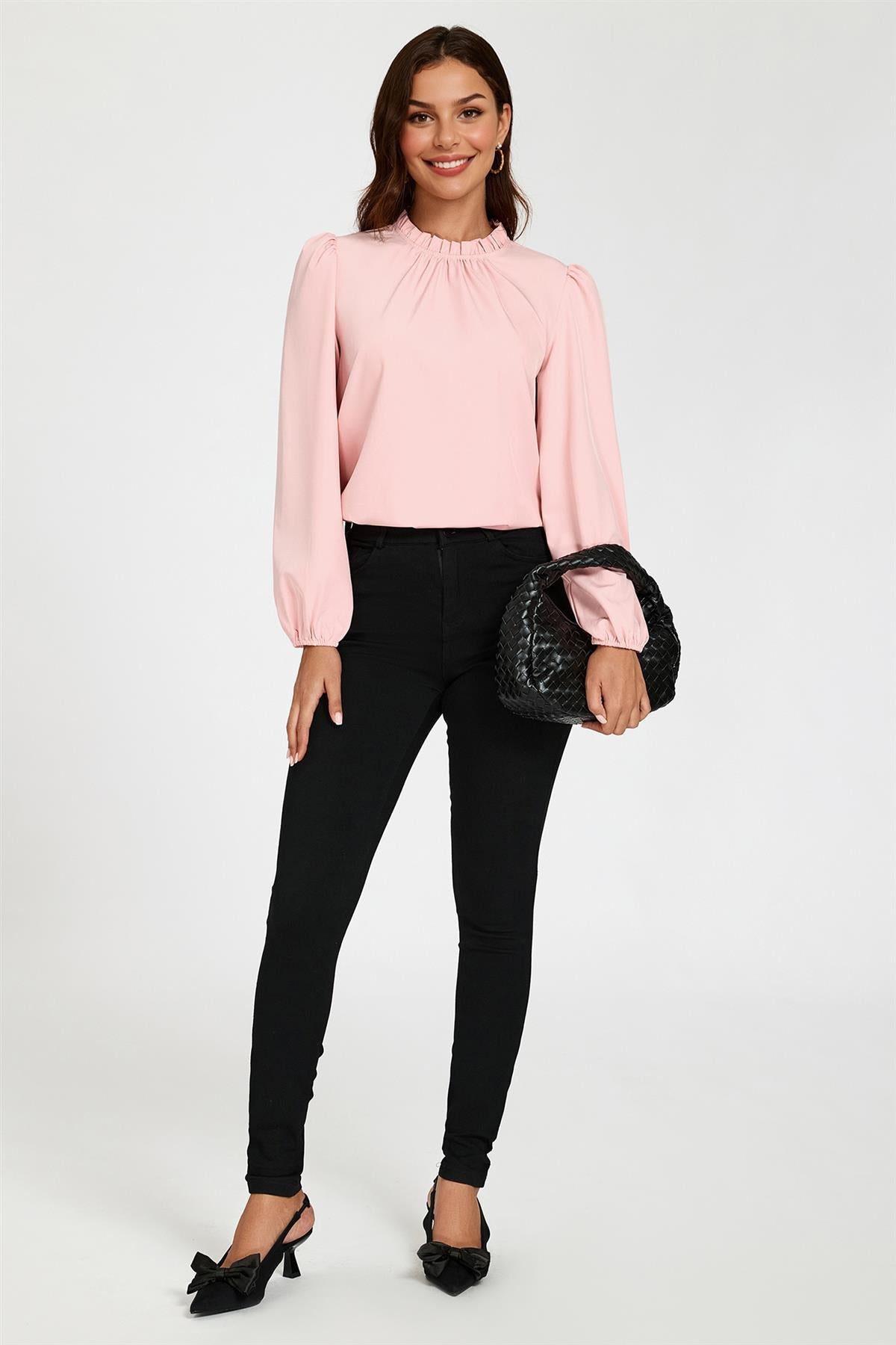 Floral Print Frill Detail High Neck Top In Pink