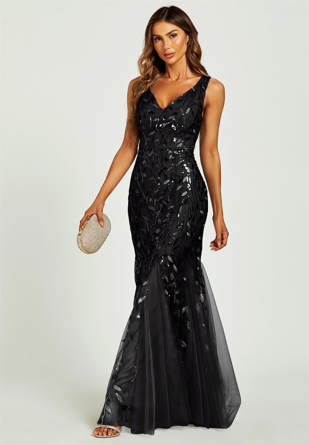 Sequin Leaf Detailed V Neck Bridesmaid Maxi Dress In Black