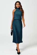 Satin Halter Neck Tie Back Top In Teal