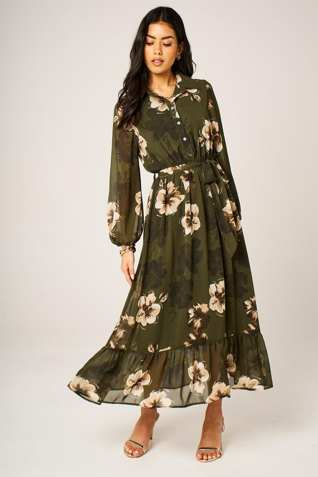 Robe midi chemise vert olive à imprimé floral, ourlet détaillé et taille nouée