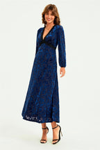 Floral Velvet Devore Lace Trim Neckline Midi Dress In Navy