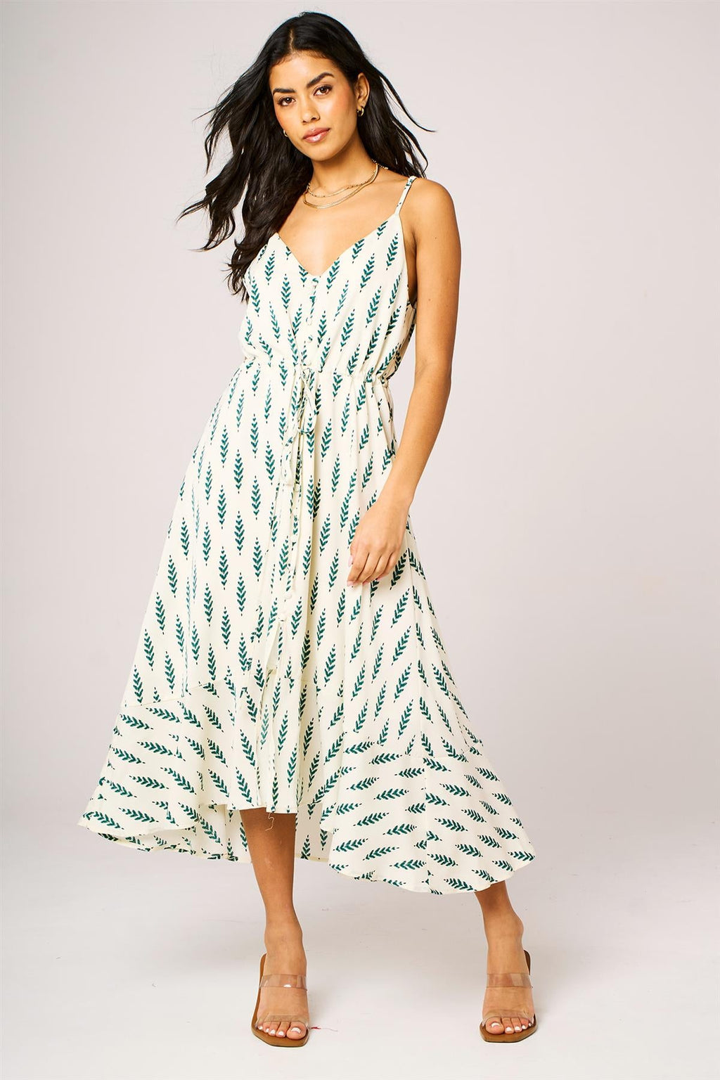 Green Leaf Print Button Down High Low Strappy Dress In White