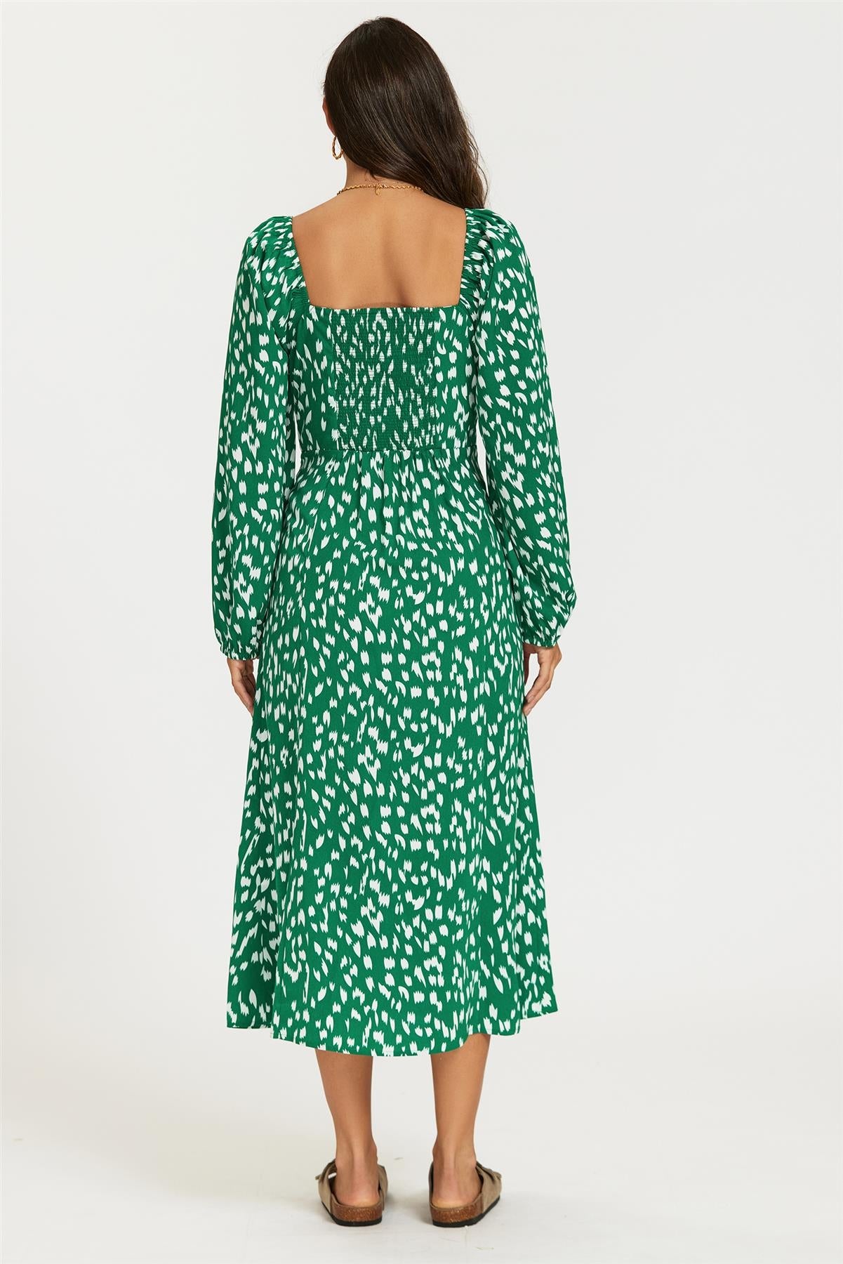 Brushstroke Print Long Sleeve Heart Neckline Midi Dress In Green