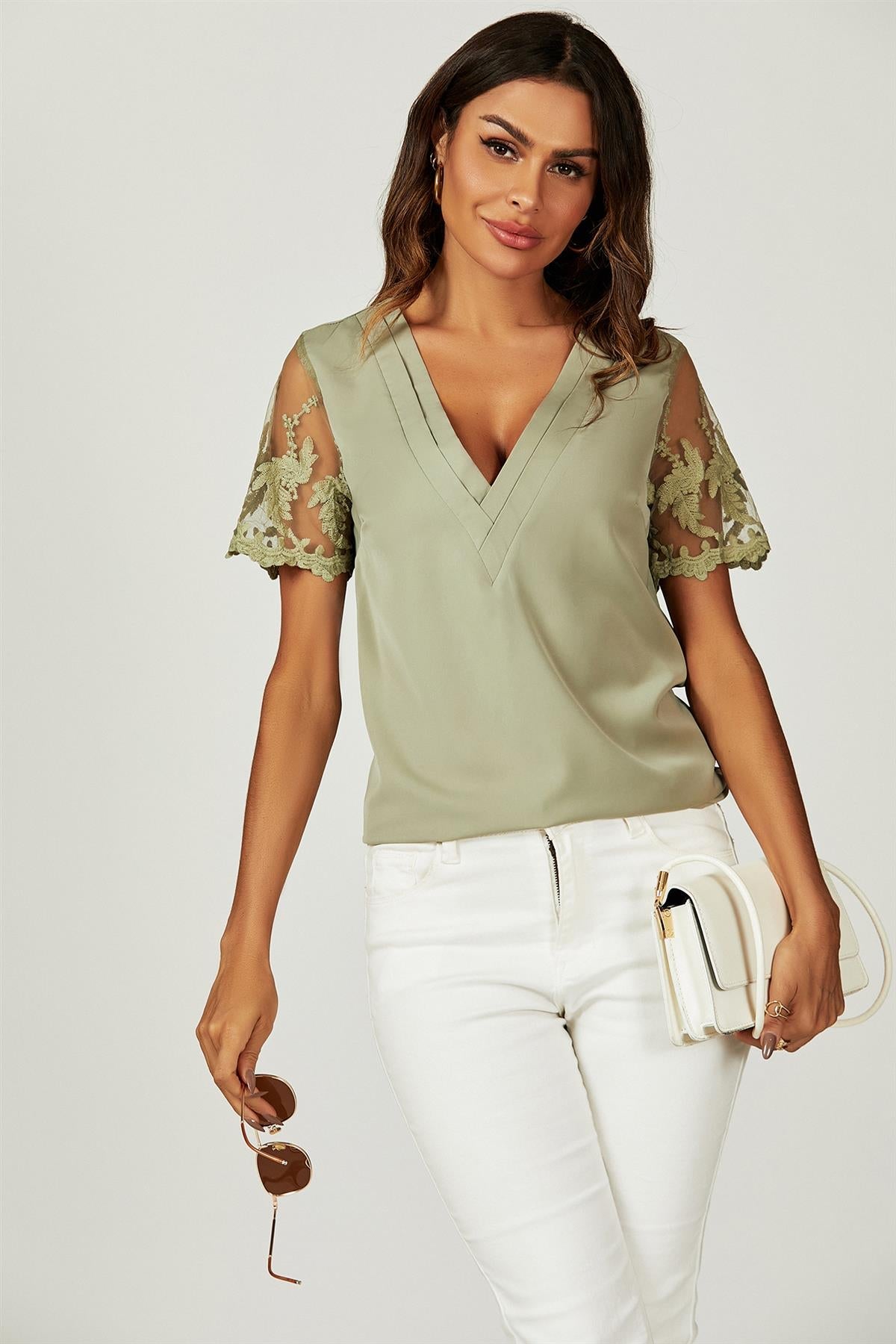 Lace Short Sleeve v Neck Blouse Top In Olive