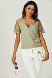 Lace Short Sleeve v Neck Blouse Top In Olive
