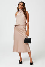 Satin Halter Neck Tie Back Top In Light Brown