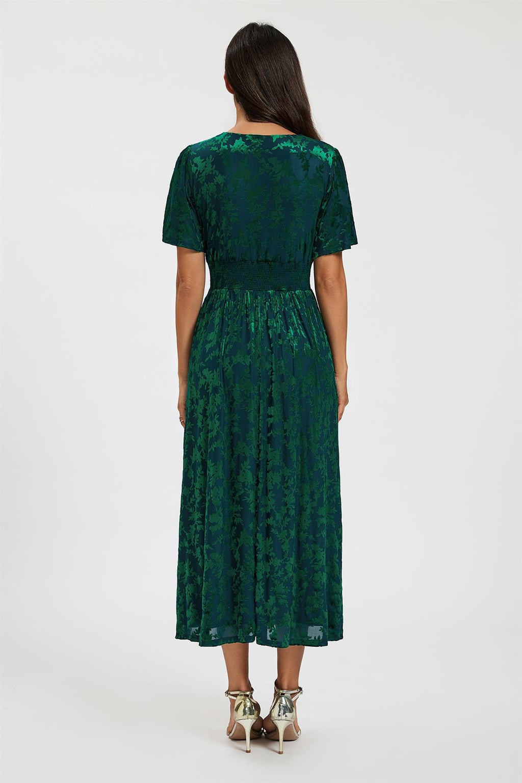Green Velvet Burnout V-Neck Angel Sleeve Midi Dress