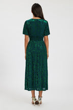 Green Velvet Burnout V-Neck Angel Sleeve Midi Dress