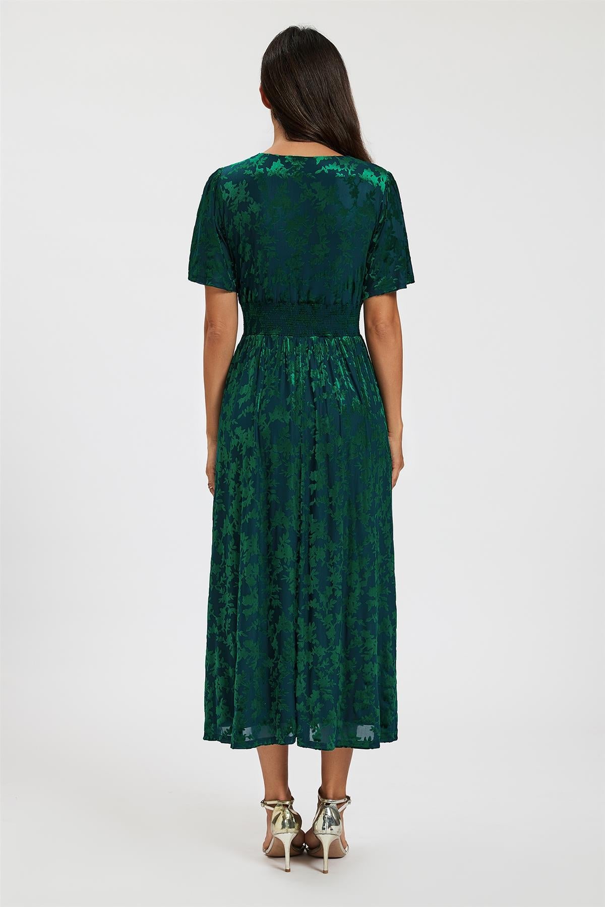 Green Velvet Burnout V-Neck Angel Sleeve Midi Dress