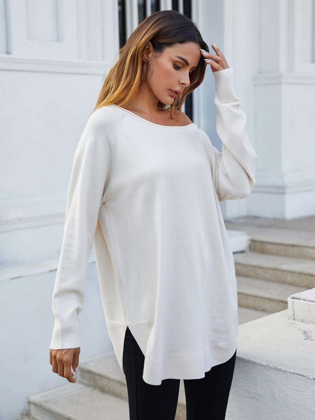 Oversize Knitted Jumper Top In Ecru