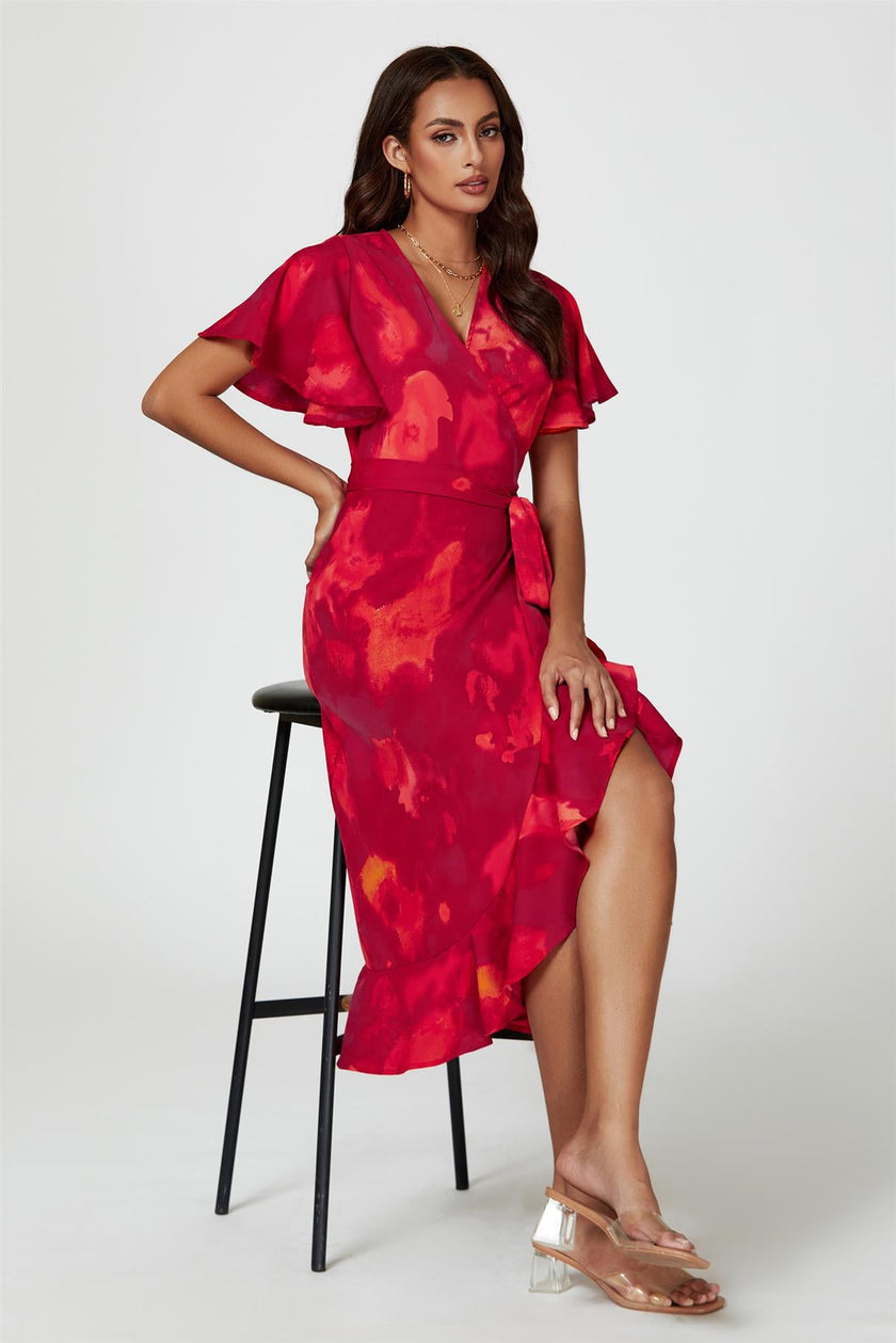 Robe midi portefeuille à manches ange et imprimé abstrait rouge