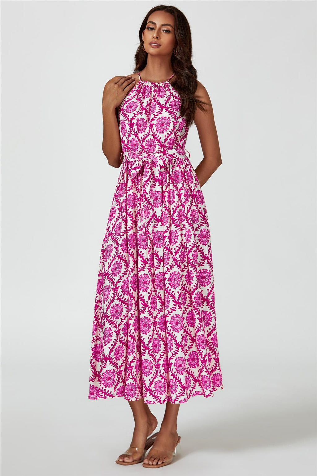 Floral Print Tie Halterneck Maxi Dress In Pink