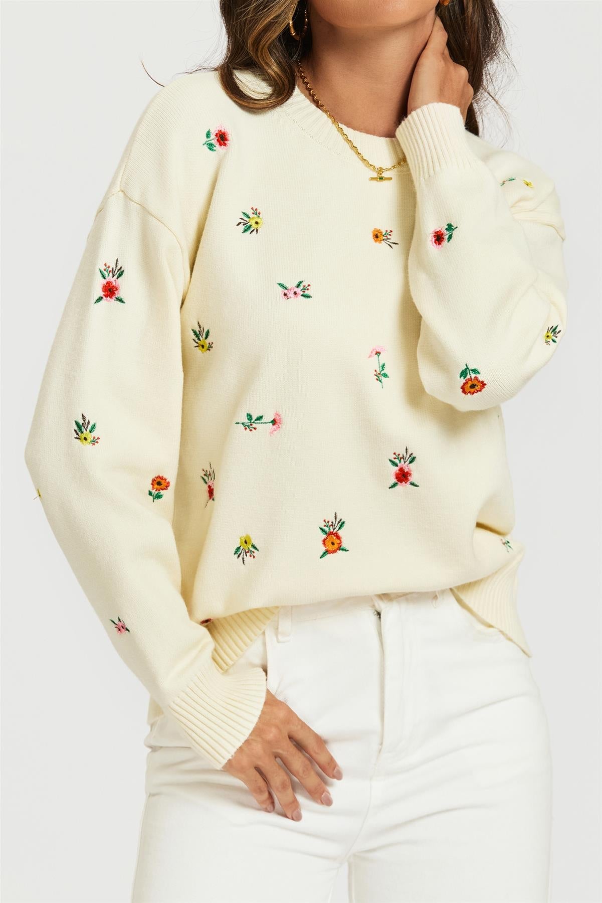 Embroidered Floral Knit Jumper Top In Cream