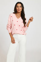 Embroidery Red Heart V Neck Jumper In Milk Pink