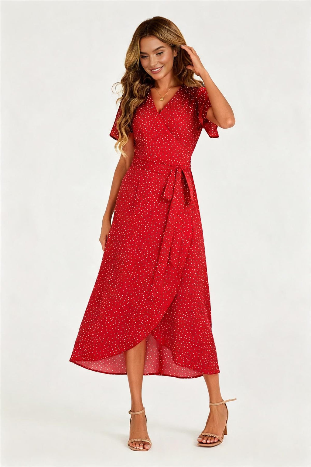 Polka Dot Print Wrap Dress In Red