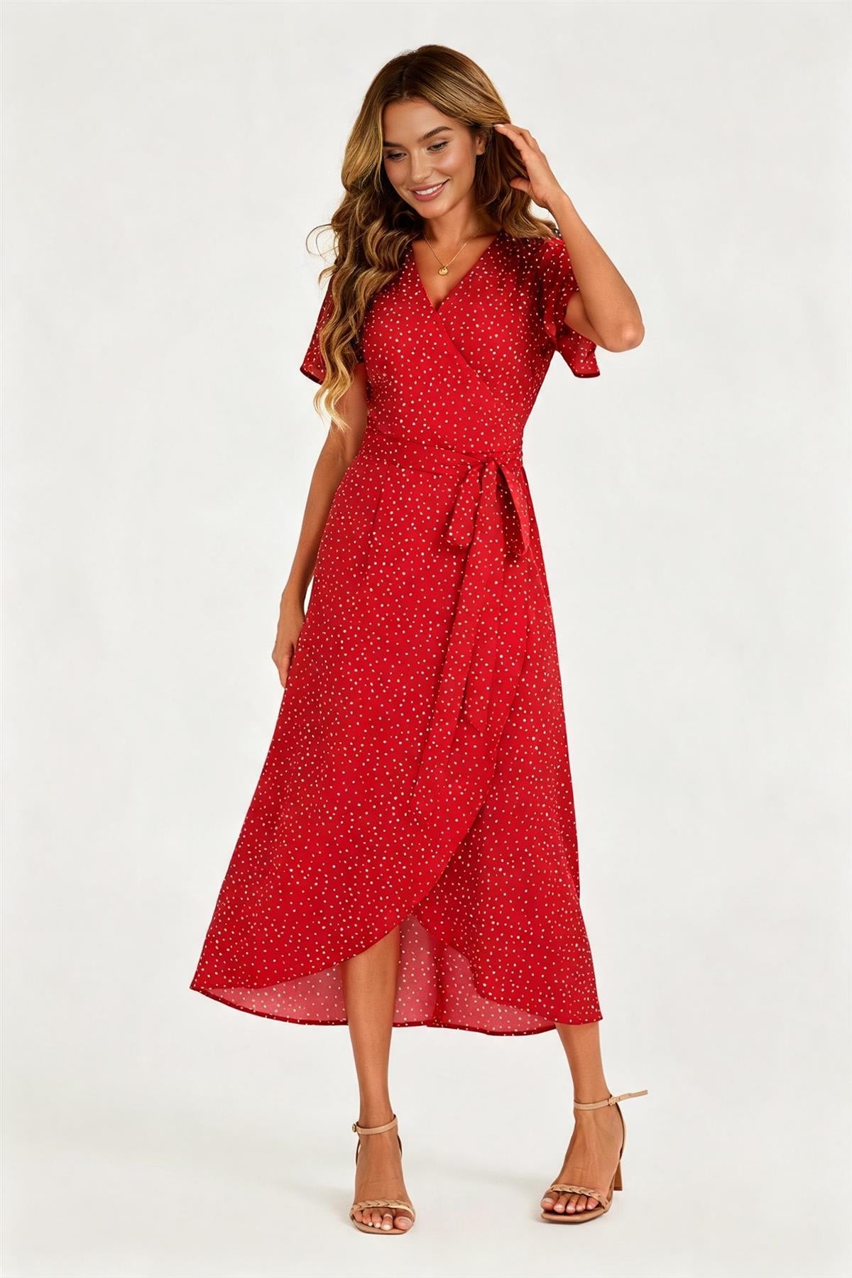 Polka Dot Print Wrap Dress In Red