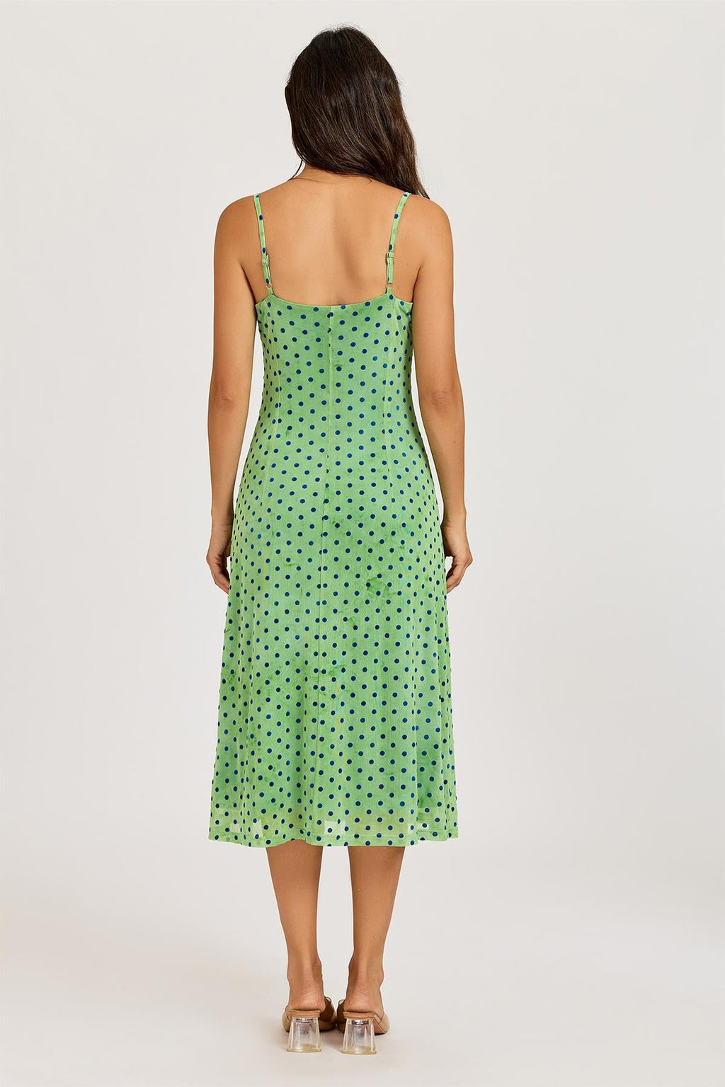 Mottled Effect Devore Polka Dot Mesh Cami Midi Dress In Green