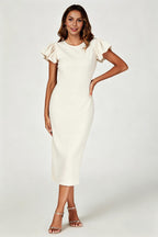 Volume Sleeve Bodycon Midi Dress In Off White