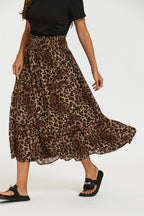 Gold Foil Leopard Print Midi Skirt In Brown