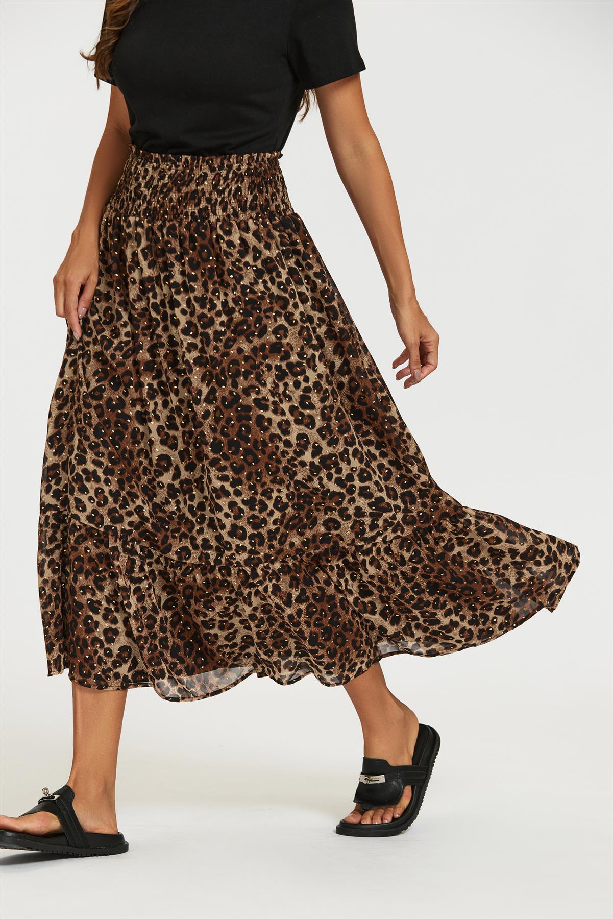 Gold Foil Leopard Print Midi Skirt In Brown
