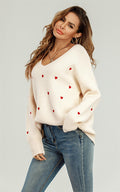 Embroidery Red Heart V Neck Jumper In Cream