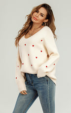 Embroidery Red Heart V Neck Jumper In Cream