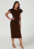 Volume Sleeve Bodycon Midi Dress In Espresso