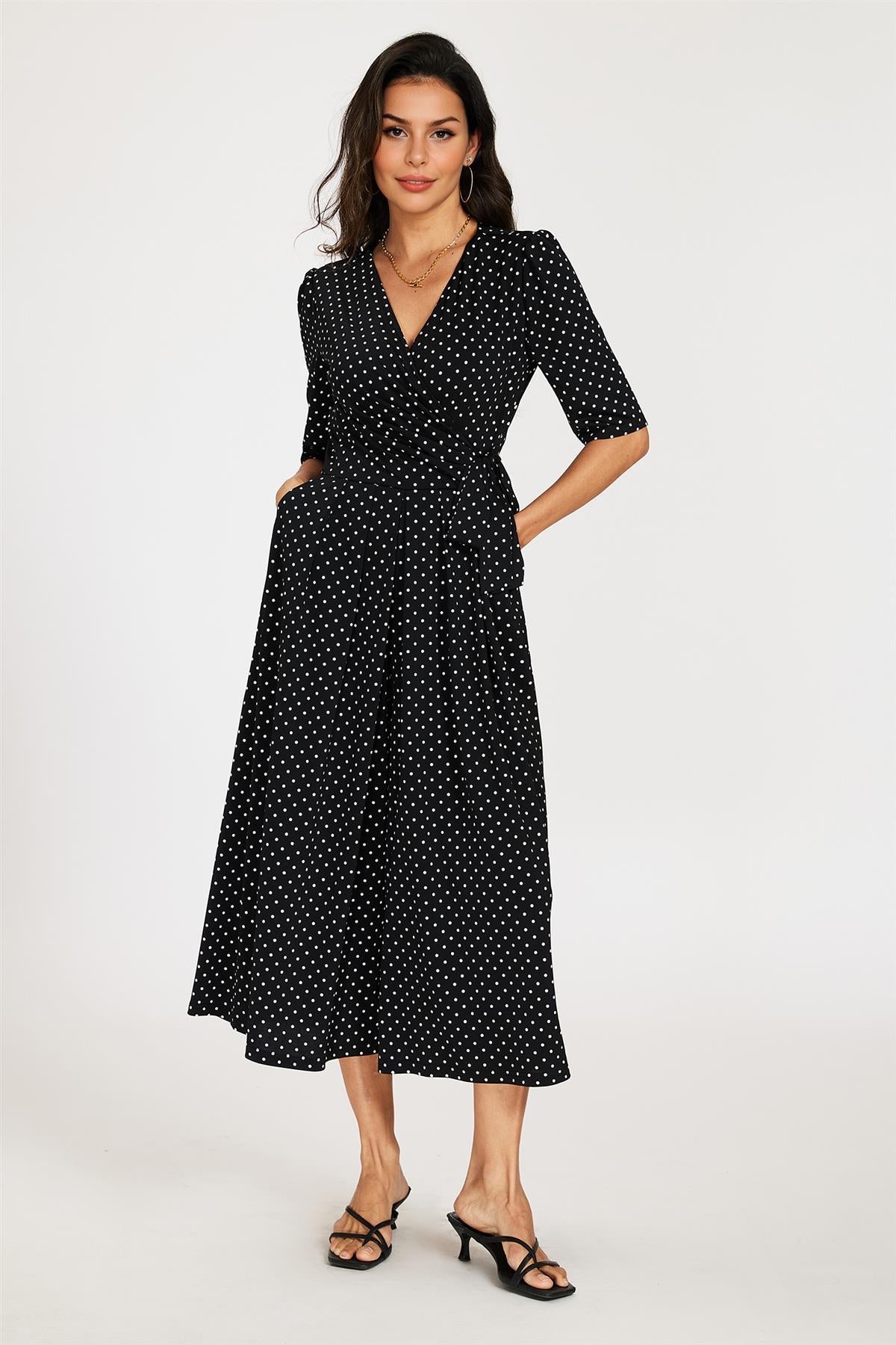 Dot Print Short Sleeve Jersey Jumpsuit In Black