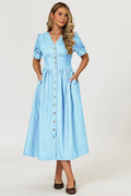 Puff Sleeve Button Down Denim Midi Dress In Light Blue