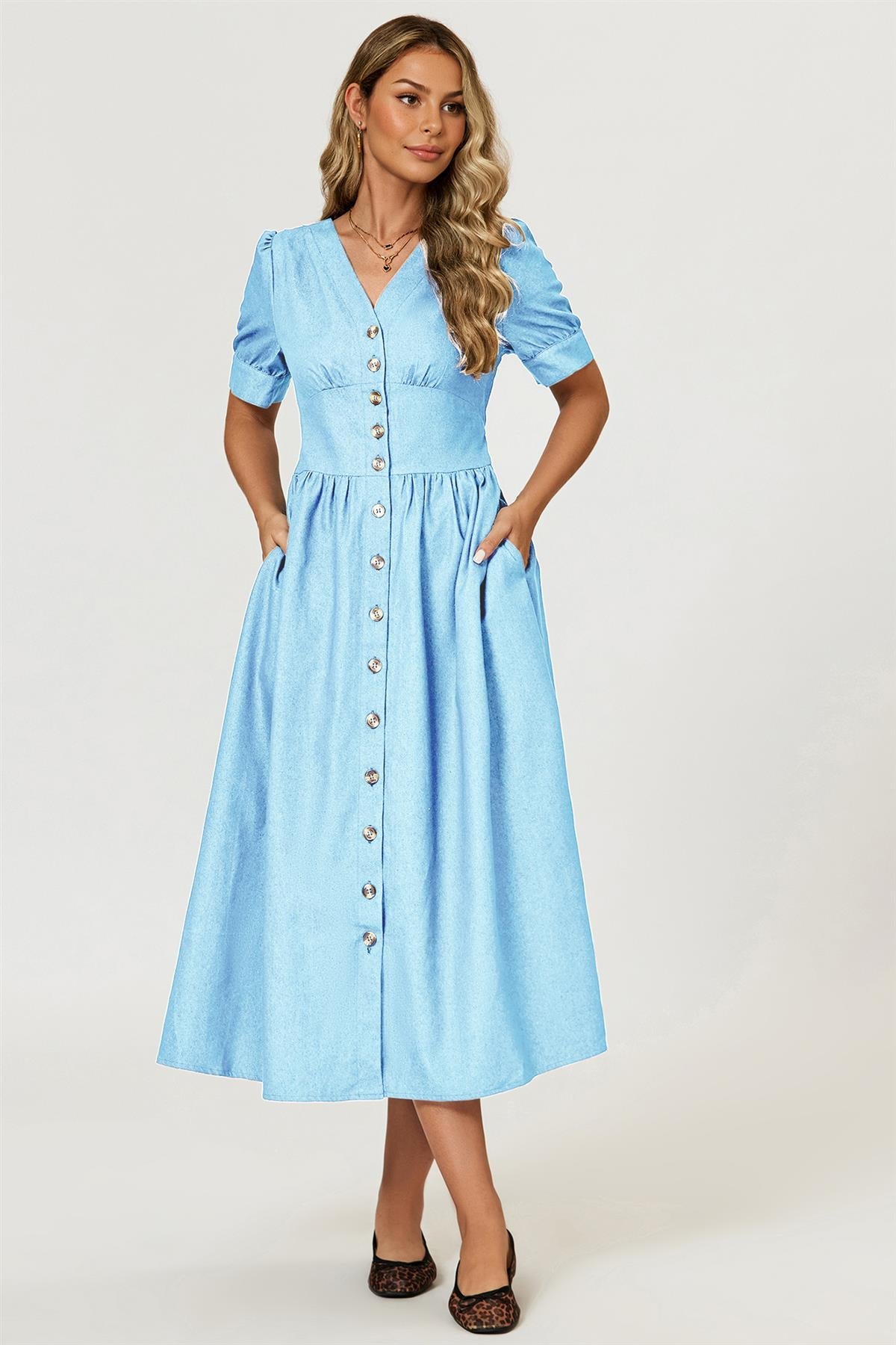 Puff Sleeve Button Down Denim Midi Dress In Light Blue