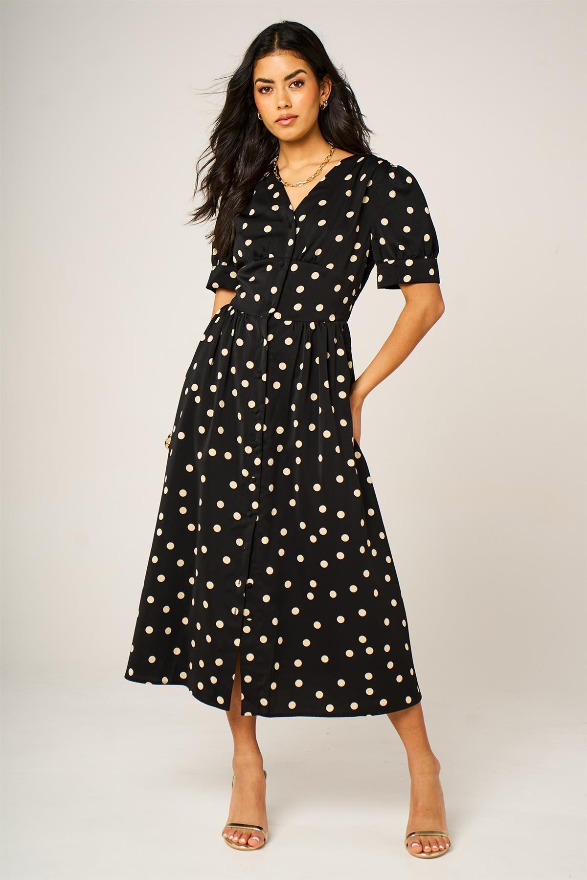 Dot Print Button Front Midi Dress In Black With Puff Sleeves