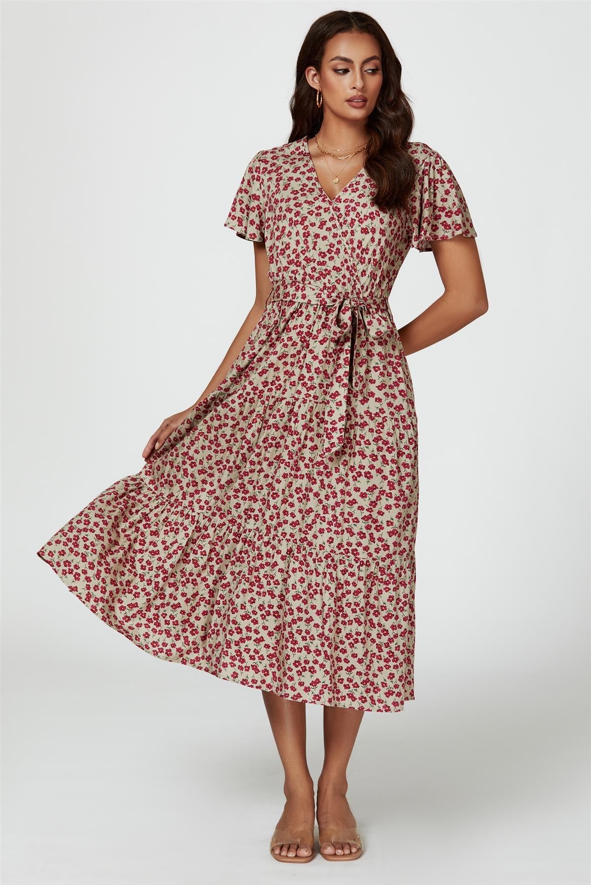 Pink Floral Print Wrap Midi Dress In Beige