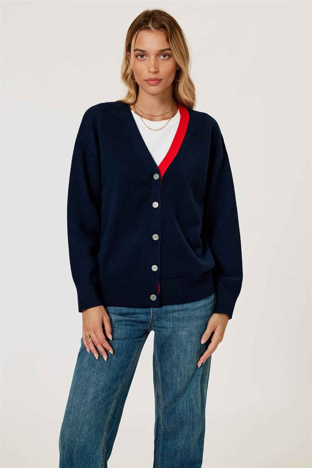 Little Heart Embroidery Stripe Trim Cardigan Top In Navy & Red