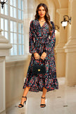 Robe midi cache-cœur noire à col en V et manches longues, imprimé floral abstrait