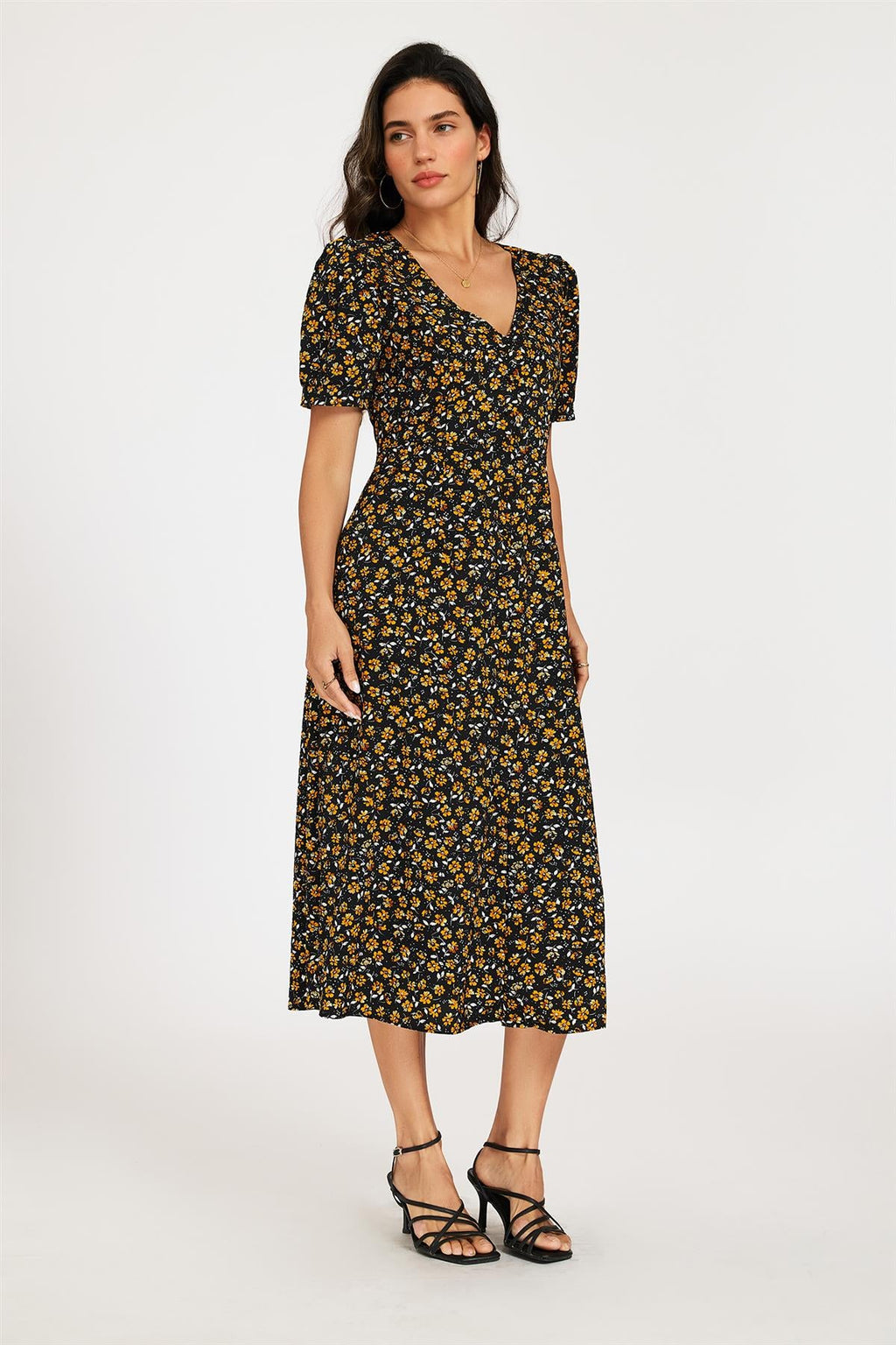 Floral Print Button Front Puff Sleeve Midi Dress In Black