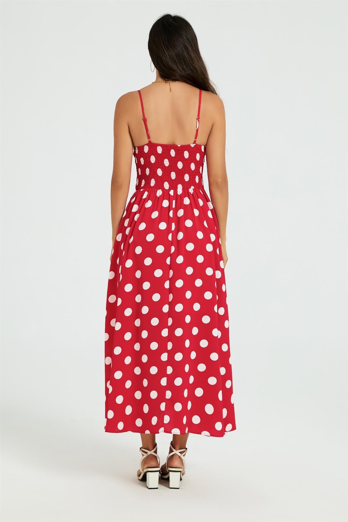 Dot Print Knot Front Midi Dress In Red