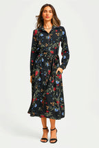 Black Floral Print Shirt Midi Dress With Tie Waist + Gold Stretch Leaf Belt