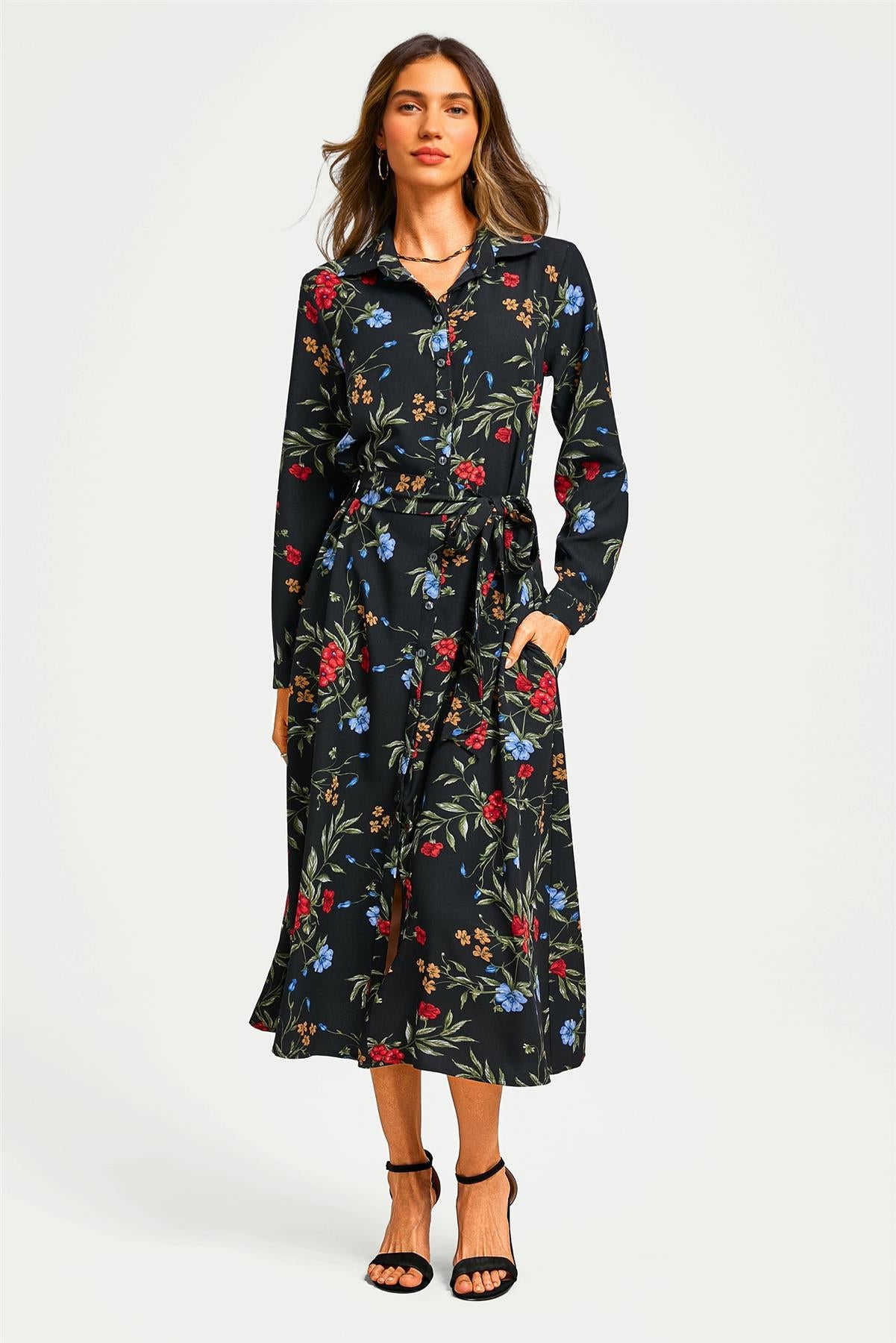 Black Floral Print Shirt Midi Dress With Tie Waist + Gold Stretch Leaf Belt
