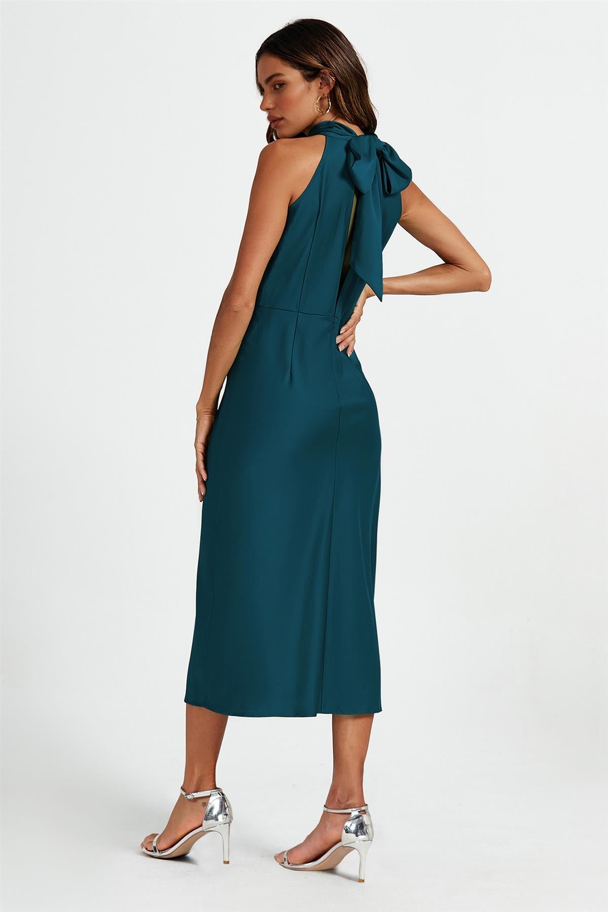Satin Halter Neck Tie Back Midi Dress In Teal