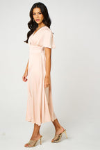 Satin V neckline Button Detail Dress In Blush