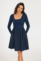 Square Neck Button Detail Long Sleeve Mini Dress In Navy