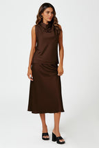 Satin High Neck Sleeveless Blouse In Brown