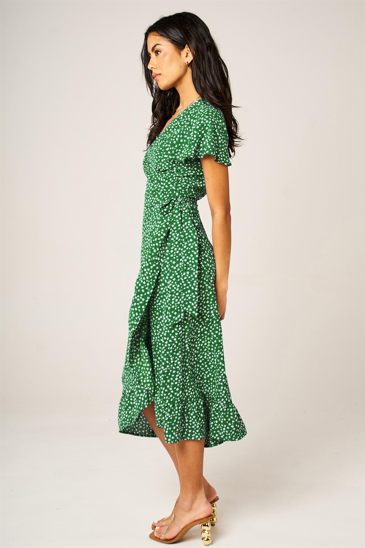 Hem Frill Detail Little Floral Print Wrap Dress In Green