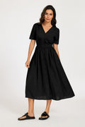 Button Front Short Sleeve Midi Dress In Black